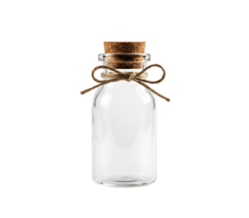 Glass apothecary jars with cork lids, oil bottles, and rustic storage containers, perfect for packaging, decor, and sustainable storage. Isolated on white or transparent background.

