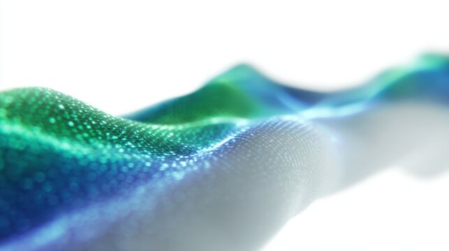 An abstract wave of blue and green light flowing across a white background. Data stream, digital transformation.