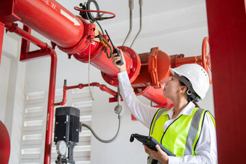 Fire pump inspection by engineer using generator device ensures safety and functionality in...