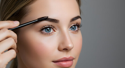 Beautiful woman applying brow gel, enhancing her natural features for a flawless, polished look, perfect for makeup tutorials and beauty blogs.