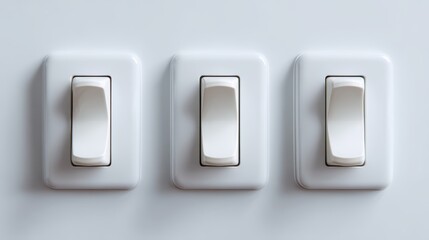 A row of three simple white light switches, on position, isolated on a pure white background. Control, power.