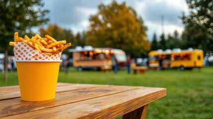 Vibrant Community Event in Park Featuring Food Trucks, Games, Music, and Happy Students Enjoying Time Together