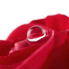 A single, perfectly formed dewdrop on a vibrant red rose petal, macro shot, isolated on a pure white background. Romantic, fresh.