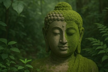 Tranquil Buddha Statue in Lush Green Forest Covered with Moss