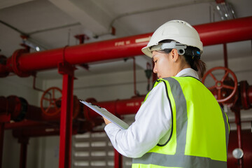 Engineer wearing safety helmet and reflective vest performing fire pump inspection with clipboard...