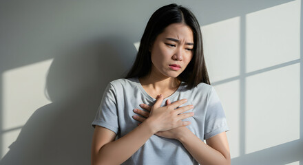 Young woman experiencing chest pain, feeling anxious and stressed, seeking medical attention, health concerns, worried expression, indoor setting, natural light