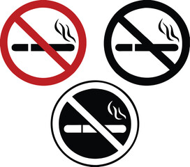 No Smoking Signs. Prohibitory Stickers, Banners. Cigarette and Cigarette Smoke. Red, Black, and White Vector Icons
