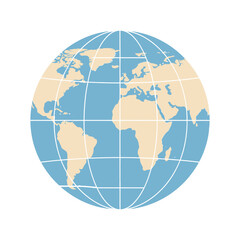 Naklejka premium A stylized globe illustration showing continents in beige and oceans in blue, with white grid lines.