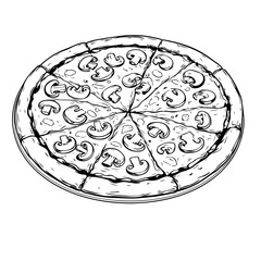 Delicious pizza, silhouetted black and white drawing. Vector illustration. Pizza with cheese and mushrooms, isolated on a white background. Theme of pizzerias, cafes, menus and recets