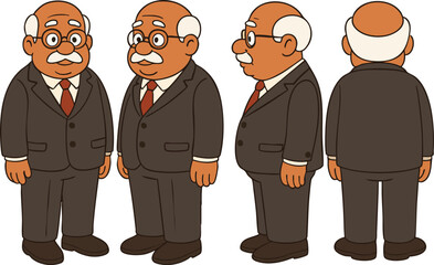 Naklejka premium Cartoon Elderly Man Character Turnaround Sheet, old man modelsheet, old man