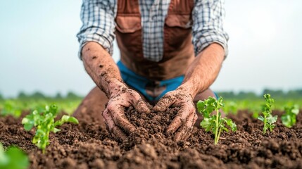 Farmer Working in Field with Hands in Soil Close Up During Daylight, Nurturing Green Plants