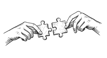 Vintage ink sketch of two hands connecting puzzle pieces symbolizing teamwork, collaboration and mutually beneficial partnership, black and white vector engraving illustration

