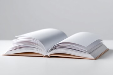 An open, blank hardcover book lying flat on a white surface, ready for text or graphics. Education, storytelling, knowledge concept.