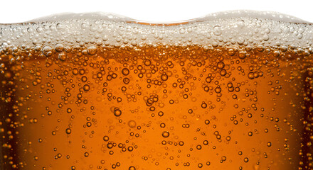 Close-up of a refreshing amber beer with condensation and bubbles, perfect for advertising thirst-quenching beverages on a hot summer's day.