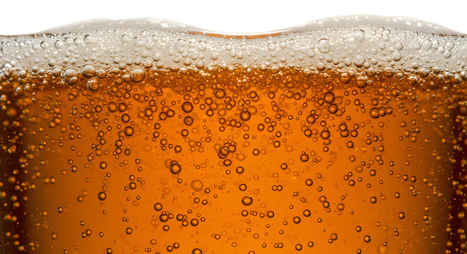 Close-up of a refreshing amber beer with condensation and bubbles, perfect for advertising thirst-quenching beverages on a hot summer's day.