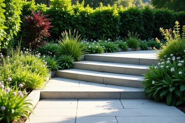 Serene Garden Pathway with Gently Curving Stone Steps and Lush Greenery