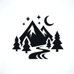 Obraz premium A black and white illustration of a mountain range with trees stars and a crescent moon above it