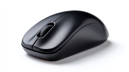 A generic, unbranded black wireless computer mouse, isolated on a pure white background. Office tech, input.