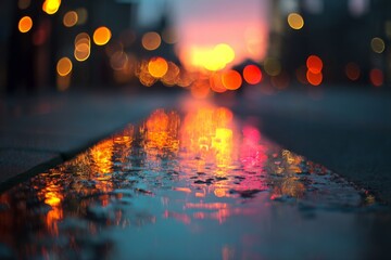 Fototapeta premium Rain-soaked city pavement reflecting orange and blue lights