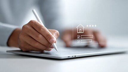 Businessman engaging with a tablet and stylus, completing an online survey for house evaluation while weighing mortgage options and investment opportunities in the real estate market