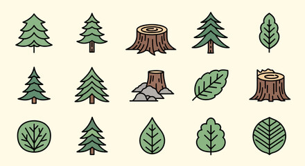 Collection of simple line art icons depicting forest elements like trees, stumps, and leaves.