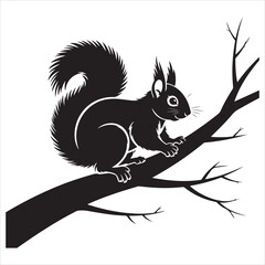 Silhouette Illustration Of Squirrel Perched On A Branch In Black And White Background.