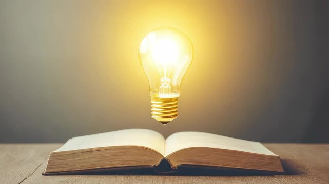 Glowing light bulb floating above open book, symbolizing innovation and knowledge