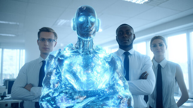 An AI hologram agent representing autonomy and teamwork, standing beside humans in a modern office, symbolizing collaboration between artificial intelligence and human workforce