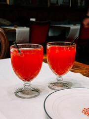 Refreshing drinks served in elegant glasses at a restaurant during a casual dining experience