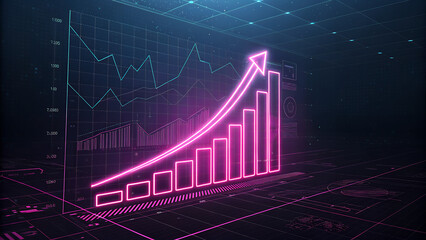 Neon pink arrow and bar graph showing upward trend on a digital interface with gridlines