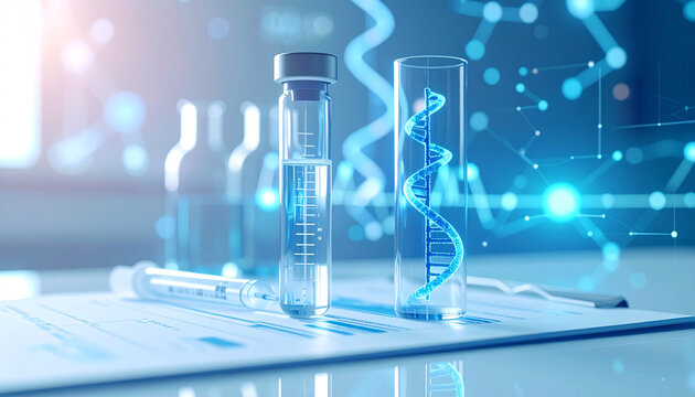 Innovation in Science: A close-up shot reveals vials, syringe, and a model of DNA against a digital, blue-hued backdrop. It reflects progress in scientific advancements.