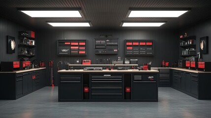 Immaculate and organized garage workshop with black and red tool storage system