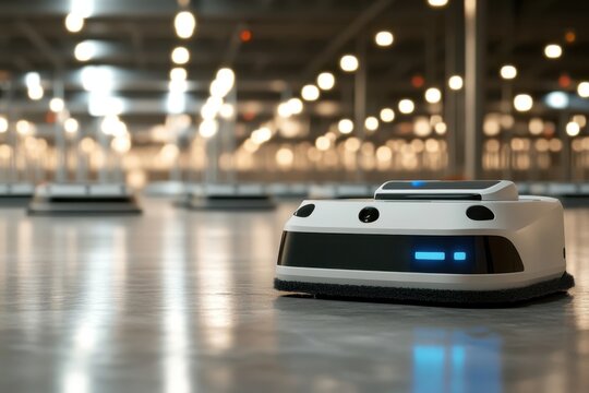 Autonomous cleaning robot operates in a spacious warehouse environment during the day