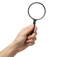A hand holding a magnifying glass isolated on white or transparent background. PNG format.
