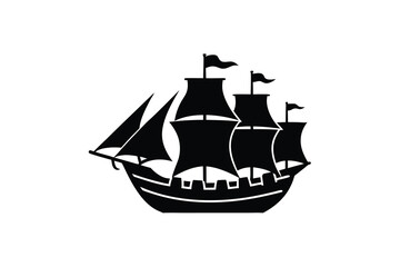 Silhouette of a Classic Sailing Ship with Three Masts and Flags