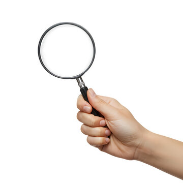 A hand holding a magnifying glass isolated on white or transparent background. PNG format.
