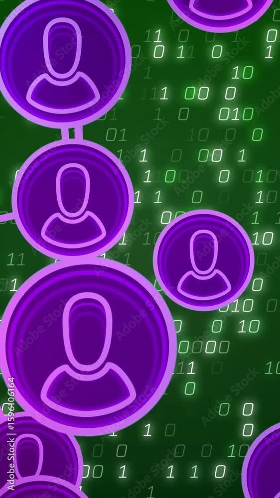 Poster Network of connected user icons animation over binary code background