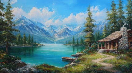 Fototapeta premium Peaceful Mountain Lake Scenic Cabin Art Painting