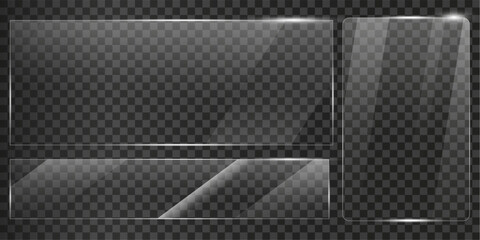 set of Glass plate on transparent background with Realistic screen glass, window mockup, glossy plastic glare frame, acrylic sheet with glares and light