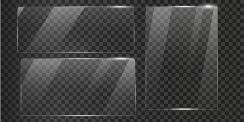set of Glass plate on transparent background with Realistic screen glass, window mockup, glossy plastic glare frame, acrylic sheet with glares and light
