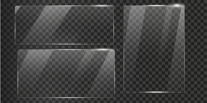 set of Glass plate on transparent background with Realistic screen glass, window mockup, glossy plastic glare frame, acrylic sheet with glares and light