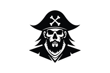 Pirate Skull with Hat and Beard Black and White Illustration