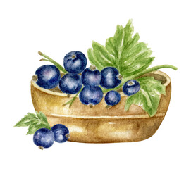 A bunch of black currant berries with green leaves in a wooden basket, hand-drawn in watercolor, stands out on a white background. Print for clothing, food packaging, kitchen textiles. Design element.