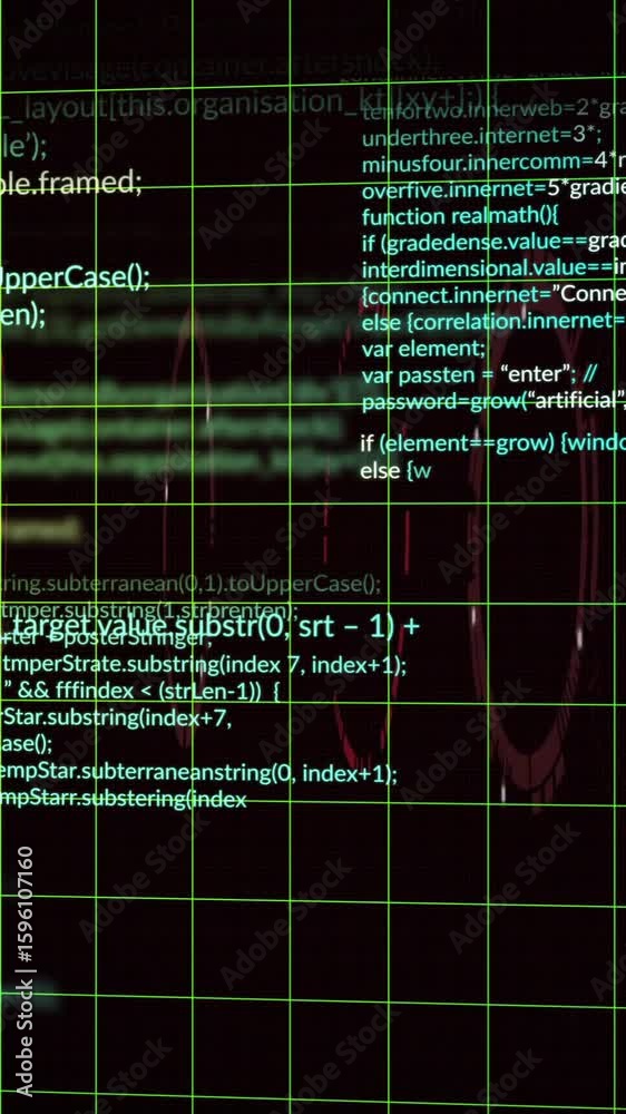 Poster computer code and data processing animation over grid background