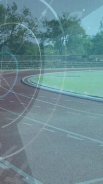 Runner on track with speedometer animation over athletic field background