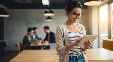 Smiling businesswoman uses tablet in modern office, collaborating with colleagues in the background, showcasing a successful team and innovative technology.