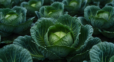Fototapeta premium Fresh organic green cabbages growing in a lush field, ready for harvest and healthy eating.