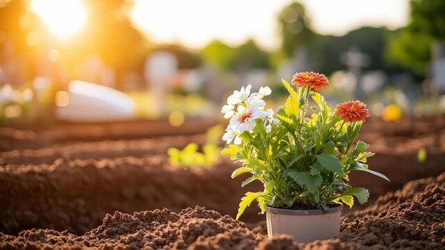 A freshly dug interment plot at a cemetery, awaiting the casket during a quiet funeral service