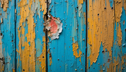 Textured Wooden Background: Peeling Blue and Gold Paint AI Generated