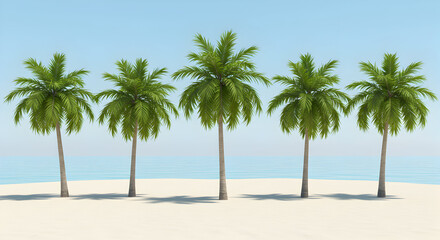 Obraz premium Five lush palm trees stand tall on a pristine white sand beach, swaying gently in a tropical paradise breeze, offering a perfect vacation escape.